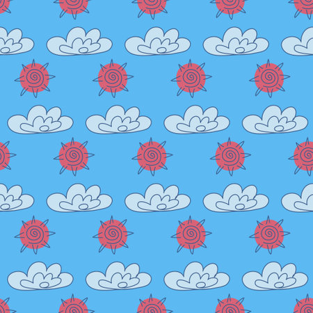 Blue sky sun cloud seamless pattern, weather cute textile designのイラスト素材