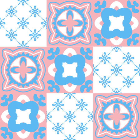 Spanish ceramic tiles azulejo talavera, pastel pattern pink blue cute delicate decor for wallsのイラスト素材