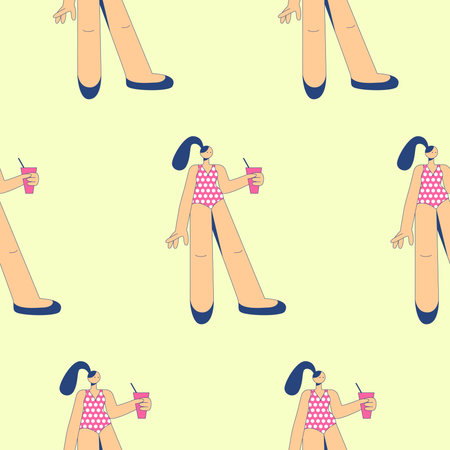 Seamless pattern girl in a bathing suit with a glass in her hand. Vector illustrationのイラスト素材