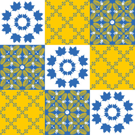 Spanish ceramic tiles azulejo talavera, contrast pattern blue yellow bright decor for walls and floors, vector illustrationのイラスト素材