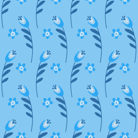 Bluebell flower on blue background seamless pattern, campanula flower blossom, vector illustrationのイラスト素材