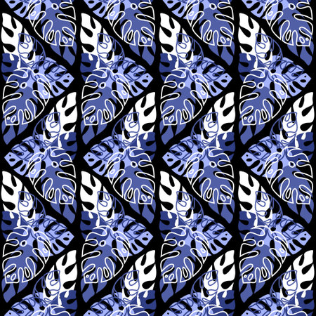 rainforest seamless pattern on dark background, monstera palm leaf, trendy vector illustration for textile and wrapping paperのイラスト素材