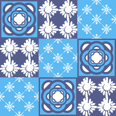 Blue mediterranean ceramic tiles, spanish portuguese italian style, azulejo talaveraのイラスト素材