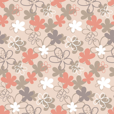 Floral floral seamless pattern pink white on gray pastel background, cute childish vector illustration with flower, heart and leafのイラスト素材