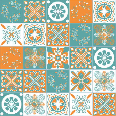 Azulejo talavera ceramic tile traditional pattern, green mint orange retro background, vector illustrationのイラスト素材