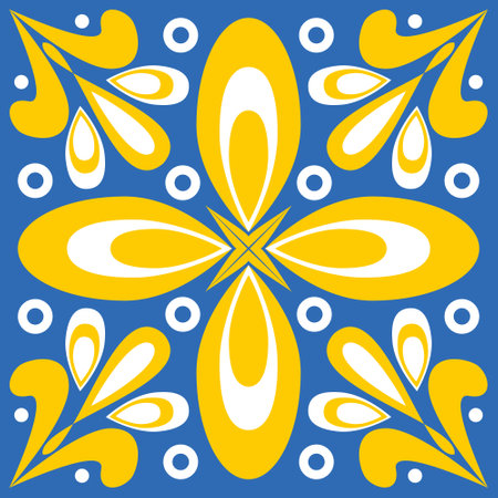 Spanish tiles Azulejo blue yellow white color, single ceramic tiles for kitchen and bathroom decorationのイラスト素材