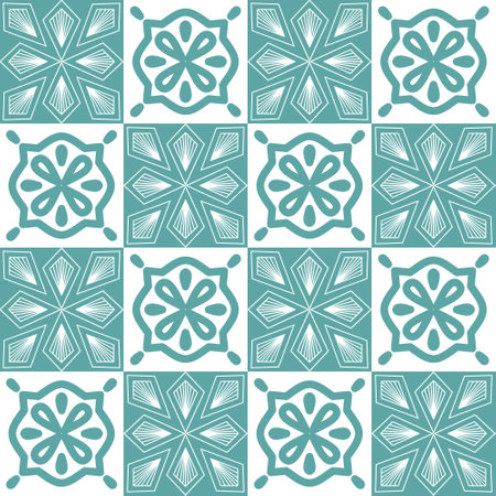 Ceramic tile Portuguese Azulejo style mint blue color, interior decoration and textile seamless patternのイラスト素材