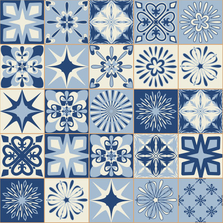 Spanish portuguese ceramic tile in blue color, vintage traditional pattern on square mosaic, vector illustrationのイラスト素材