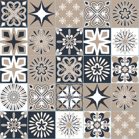 Spanish ceramic tiles dark gray beige color, decorative wall decoration in bathroom and kitchen, vector illustrationのイラスト素材
