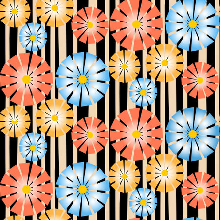 Floral seamless pattern on dark, gradient red yellow blue petal chamomile daisy flower blossom, illustration background for textileのイラスト素材