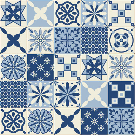Blue monochrome ceramic tiles, square tiles with colorful floral pattern, stylish design element for interior decoration, vector illustrationのイラスト素材