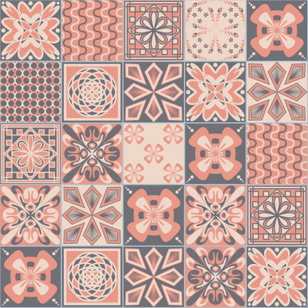 Colored Mexican ceramic tile, pink gray beige pastel color, Azulejo mosaic tile for wall decoration.のイラスト素材