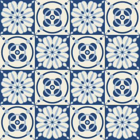 Blue monochrome ceramic tiles, square tiles with colorful floral pattern, stylish design element for interior decoration, vector illustrationのイラスト素材