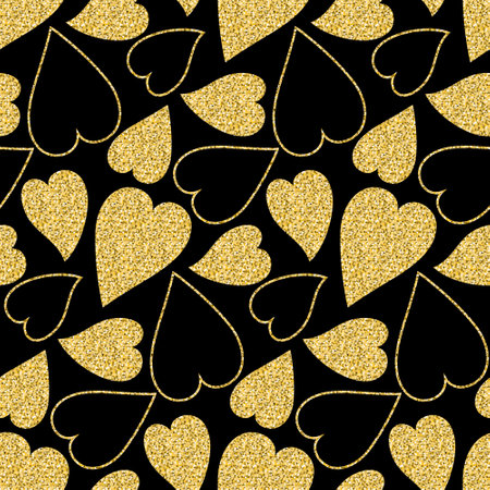 Golden heart on a black background seamless pattern, valentine's day about love and being in love, shimmer sparkling illustrationの写真素材