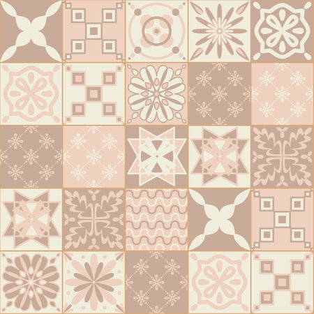 Spanish ceramic tile gentle pastel color, beige pink monochrome, square tileのイラスト素材