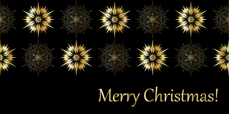 Black golden perfect christmas greeting card, text Happy Holidays, golden snowflake illustration for invitation and congratulationのイラスト素材