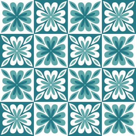 Decorative ceramic tile mosaic square shape, trendy green mint white pastel color and ornate arabic patternのイラスト素材