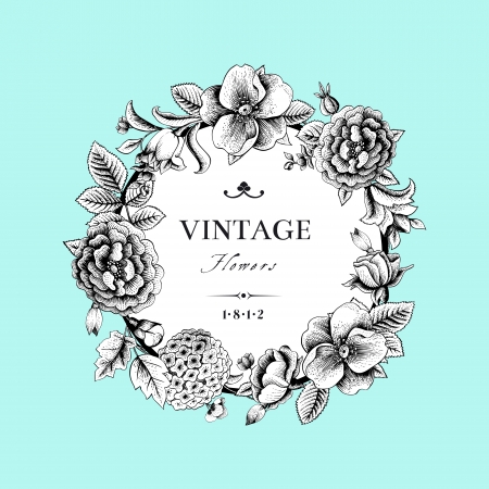 Beautiful card with a round wreath of different flowers of vintage garden  のイラスト素材