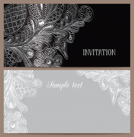 Horizontal luxury invitation with a pattern of stylized field of silver flowers on a black backgroundのイラスト素材