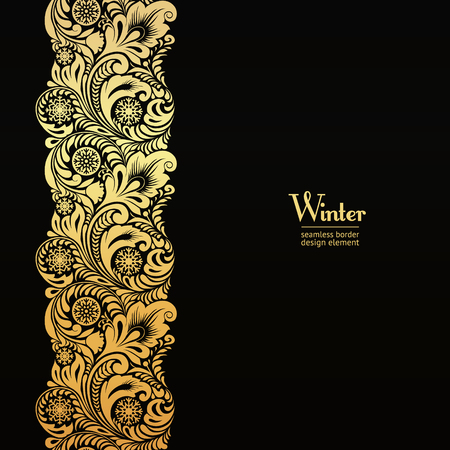 Golden seamless border design element with a frosty pattern and snowflakes on a black background.のイラスト素材