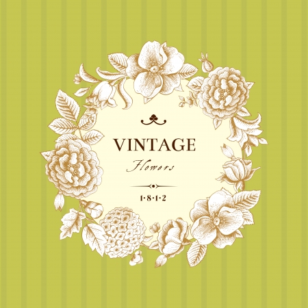 Beautiful card with a round wreath of different flowers of vintage gardenのイラスト素材
