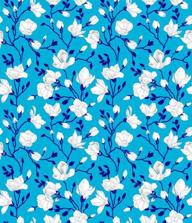 Seamless blue pattern with a blossoming magnoliaのイラスト素材