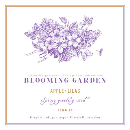 Spring Vintage vector card with blooming branches of apple and lilac on a white background with golden frame.のイラスト素材