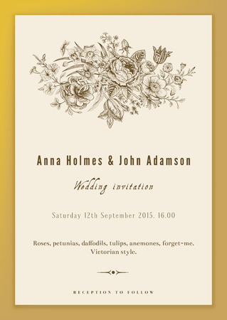 Vertical vector vintage wedding invitation. Floral bouquet with roses, anemones, tulips and daffodils in Victorian style on gold background.のイラスト素材