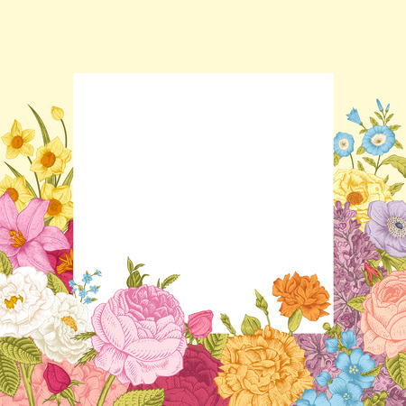 Summer floral vintage vector background. Blossoming garden colorful flowers on a beige background with white frame.のイラスト素材