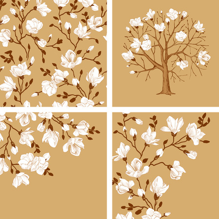 Set. Blooming magnolia. Vector vintage illustration. Seamless floral pattern, tree, cards. White flowers on a gold background.のイラスト素材