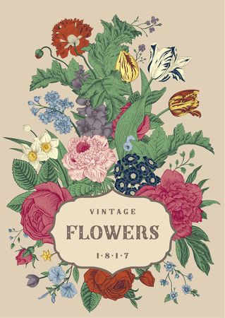 Vertical invitation. Vintage greeting card with colorful flowers. Vector illustration.のイラスト素材