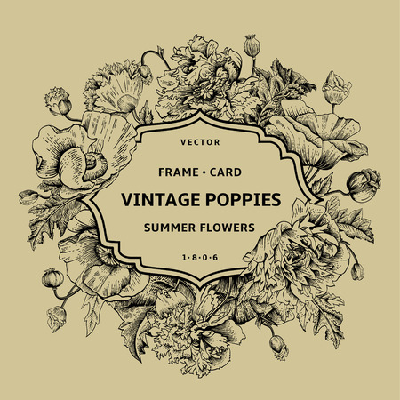 Vintage floral frame with poppies on a beige background. Vector illustration. Old style.のイラスト素材