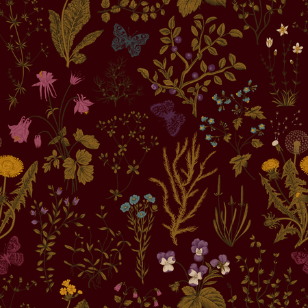 Vector vintage seamless floral pattern. Herbs and wild flowers. Botanical Illustration engraving style. Colorfulのイラスト素材