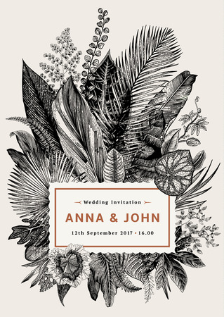 Vector vintage card. Wedding invitation. Botanical illustration. Tropical leaves. Black and white.のイラスト素材