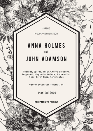 Wedding invitation. Vintage botanical illustration. Black and Whiteのイラスト素材