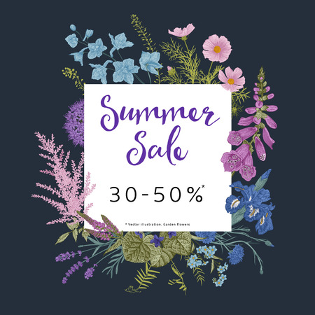 Summer sale. Twilight garden. Vector floral vintage illustration. Pink, violet, blue, purple flowersのイラスト素材