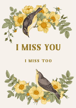 Vector vintage classic floral card. I miss you. Birds in wild yellow roses.のイラスト素材