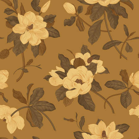 Magnolia grandiflora. Floral seamless pattern. Vector vintage botanical illustration. Brownのイラスト素材