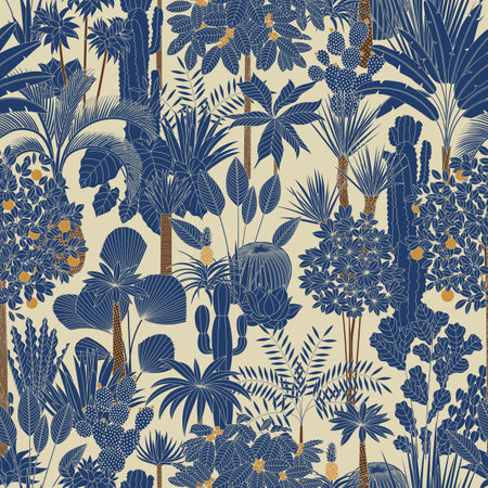 Oasis. Vector seamless pattern. Tropical trees and palms. Retroのイラスト素材