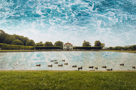 Mystical ocean sky a public park. Narcotics buzz. Power of imagination.