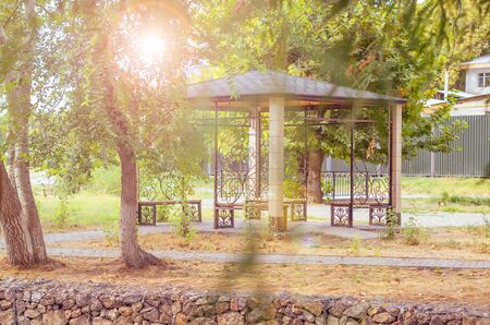 A beautiful summer house in the park near the Koshkar Ata river in Shymkent, Kazakhstanの写真素材