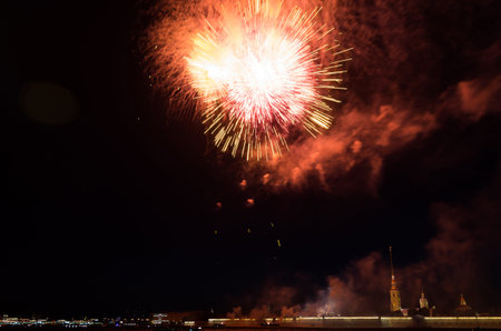 Beautiful fireworks above the Peter and Paul fortress in St. Petersburg, Russiaのeditorial素材