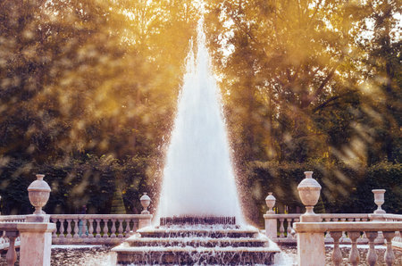 A beautiful pyramid fountain in Peterhof park, Russia