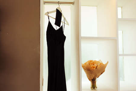 get ready for party night. Silk dress, mask, rosesの写真素材