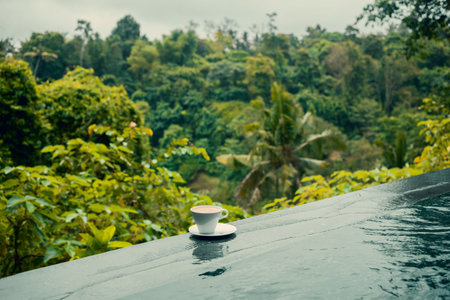 Cup of latte on swimming pool side in green jungleの写真素材