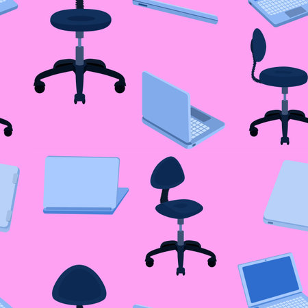 Pink seamless pattern with office chair and laptop
