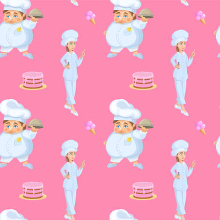 Cute pink seamless pattern with chef dishes. Yummyのイラスト素材
