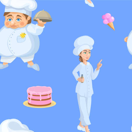 Blue seamless pattern with female and male chefsのイラスト素材