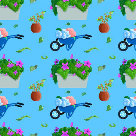 Blue seamless pattern with trolley. Balcony potsのイラスト素材