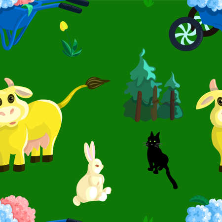 Cute cartoon style farm land seamless patternのイラスト素材